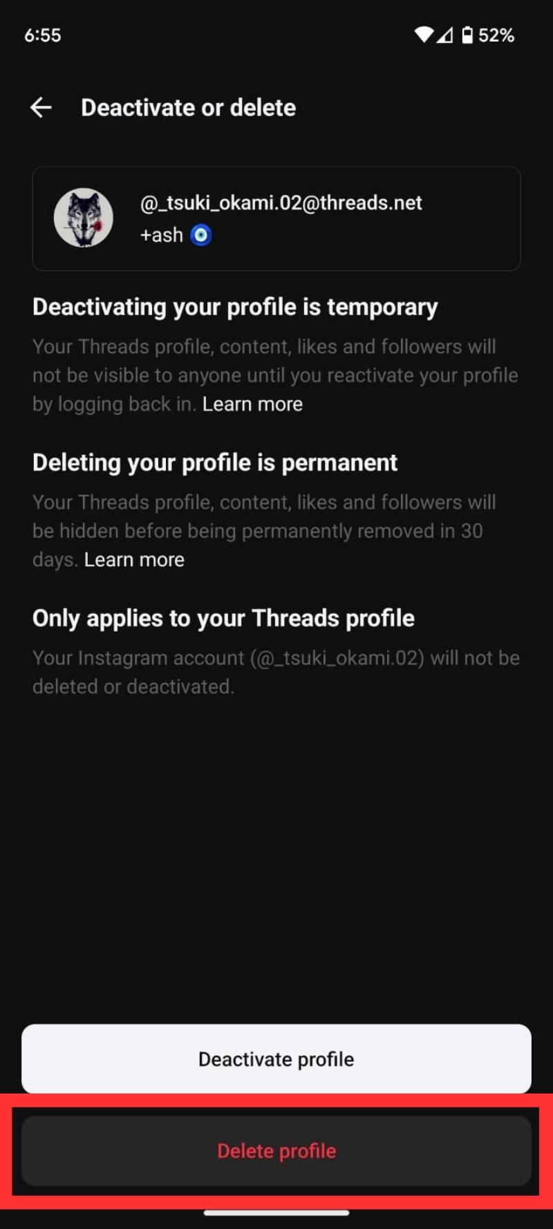Иллюстрация: выбор «Удалить профиль» в настройках Threads
