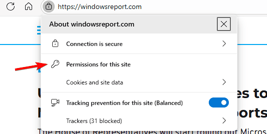 Меню разрешений сайта в Edge с выбором опций