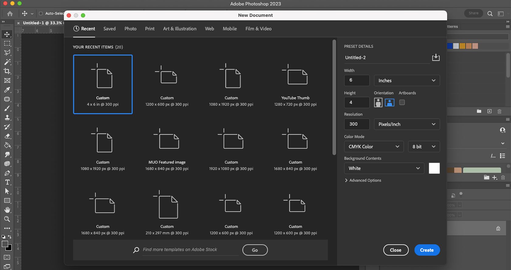 New Document window in Photoshop.