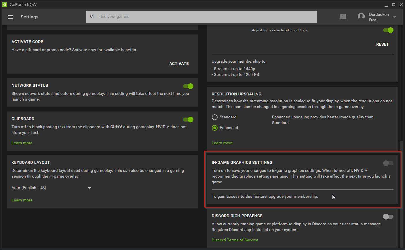 Настройки графики игры в окне GeForce NOW