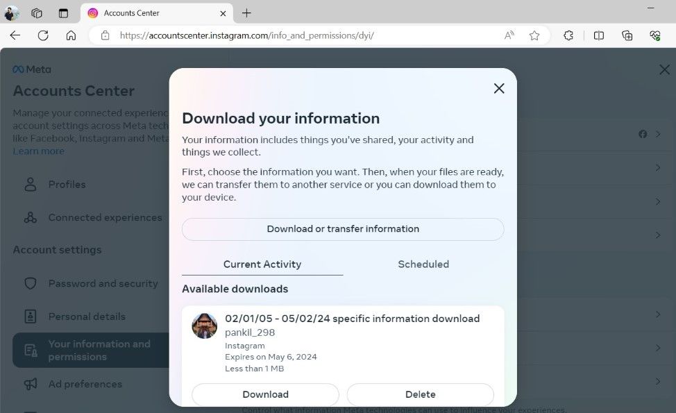 ZIP-файл с информацией аккаунта Instagram — страница загрузки