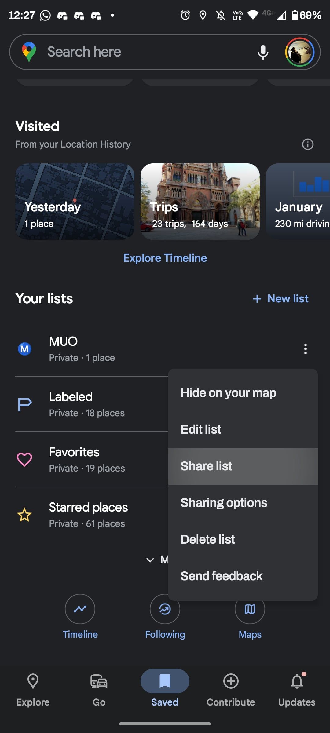 Выбран пункт «Поделиться списком» в Google Maps