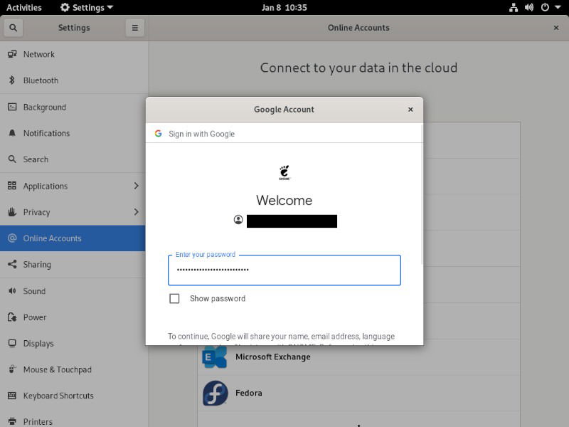 Окно входа Google для синхронизации с GNOME