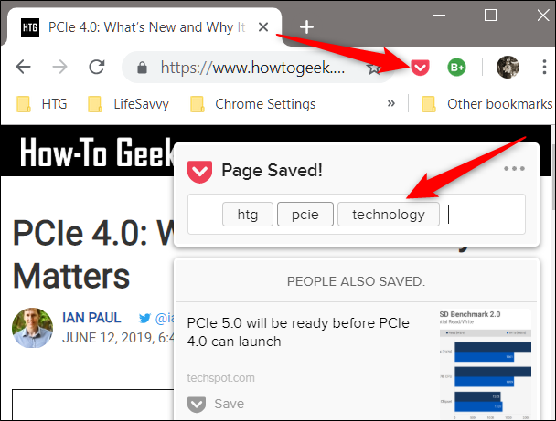 Кнопка Pocket для быстрого сохранения страницы
