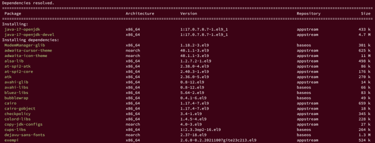 Установка OpenJDK 17 — вывод dnf и подтверждение