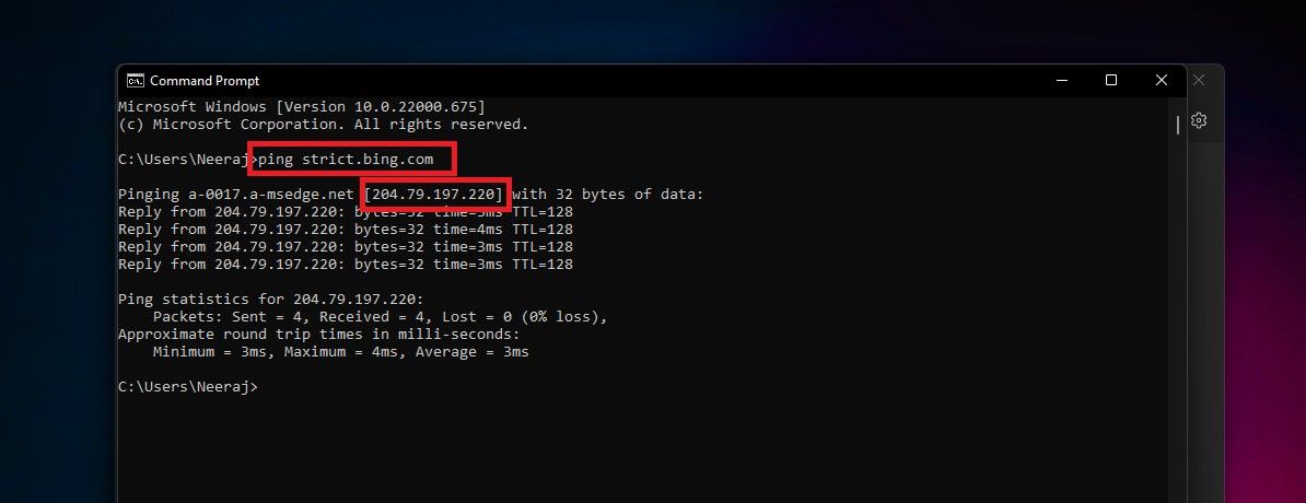 IP для strict.bing.com в командной строке