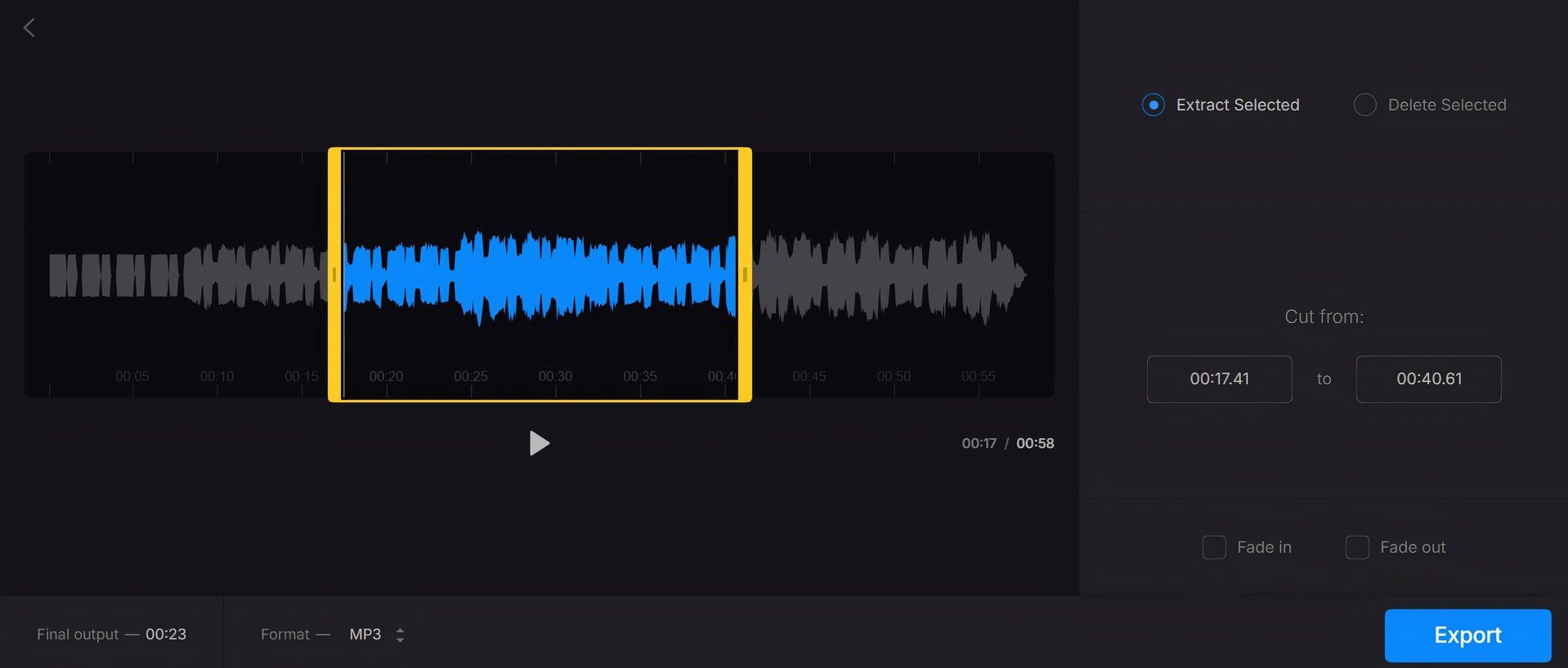 Интерфейс Clideo для обрезки аудио с регулировкой ползунков на форме волны звука.