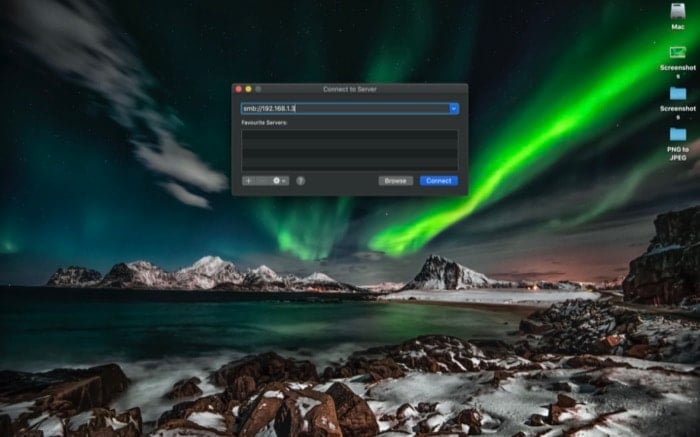 Окно ввода адреса сети в macOS