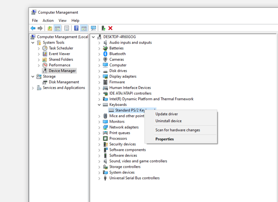Удаление драйвера клавиатуры в настройках управления компьютером