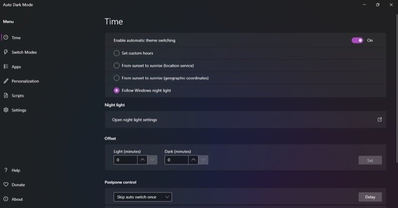 Триггер Night Light в Auto Dark Mode