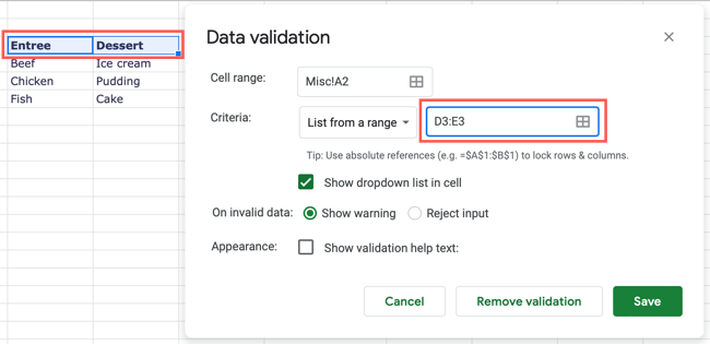 Окно настроек проверки данных — выбор диапазона списка