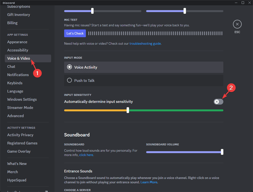 Настройка чувствительности входа в Discord