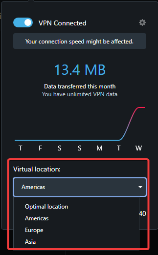 Выбор региона VPN в Opera