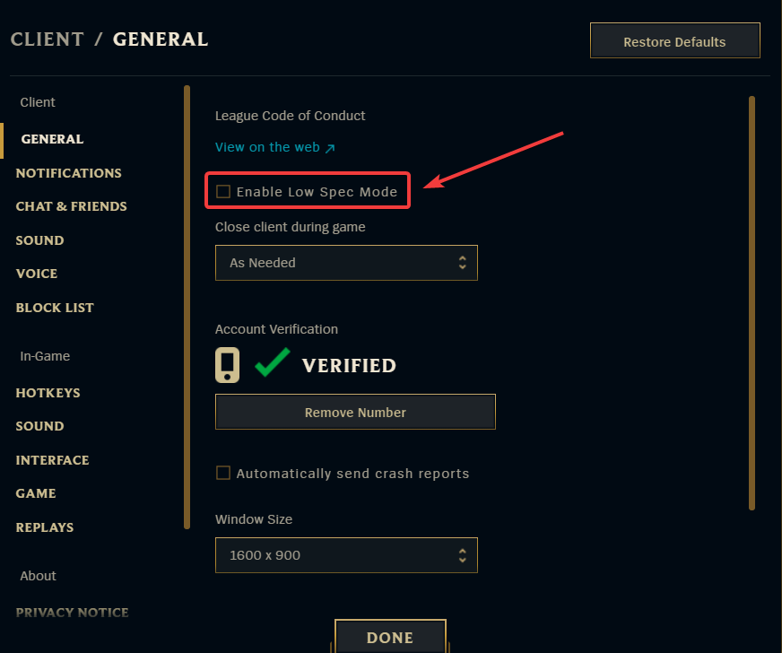 Включение режима низких системных требований в League of Legends