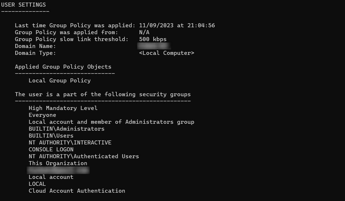 Результаты команды gpresult в Командной строке Windows