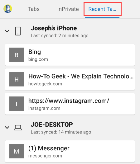 Список вкладок с других устройств на мобильном