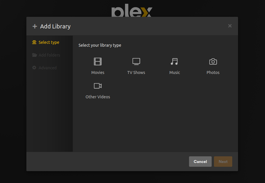 A Plex web UI webpage displaying the types of library you can add to your server