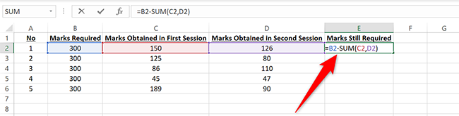 Type the multiple subtraction formula in the E2 cell in Excel.