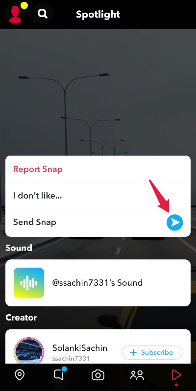 Меню с пунктом Отправить Snap