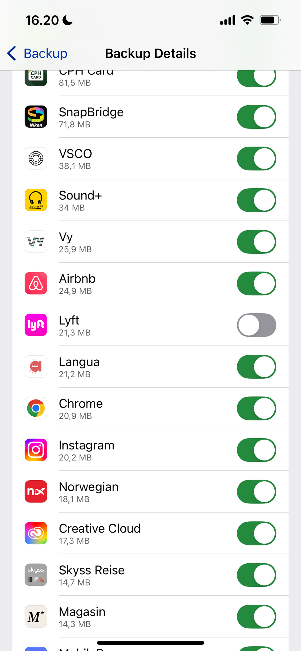 Переключение резервного копирования отдельных приложений