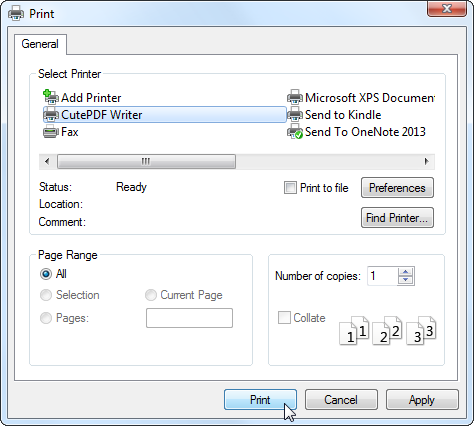 Виртуальный принтер CutePDF в списке принтеров