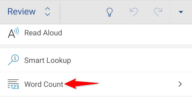 Пункт «Подсчёт слов» в мобильном меню