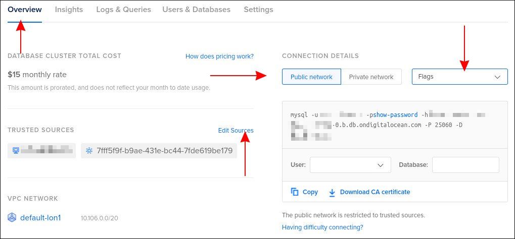 Детали подключения к управляемой базе данных