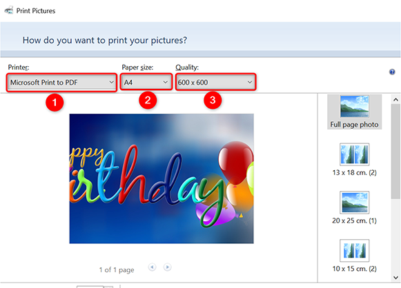 Окно «Печать изображений» с выбором принтера Microsoft Print to PDF.