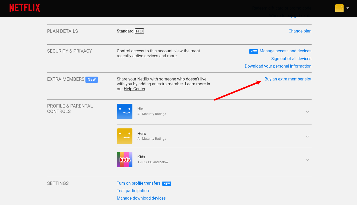 Опция покупки дополнительного участника на сайте Netflix.