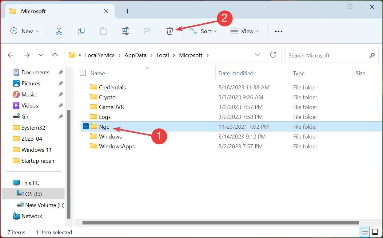 Удаление папки Ngc в Проводнике для сброса PIN