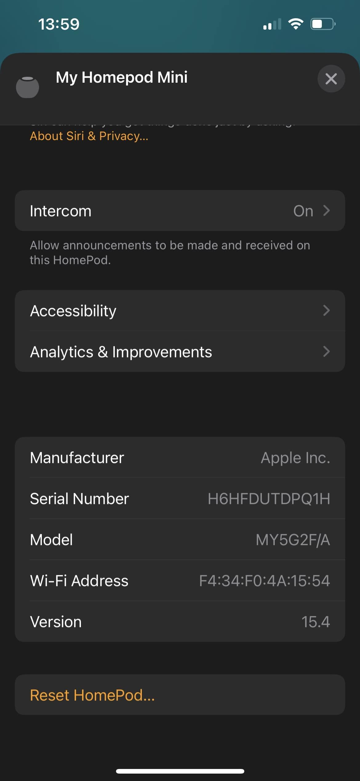 HomePod mini bottom options screen