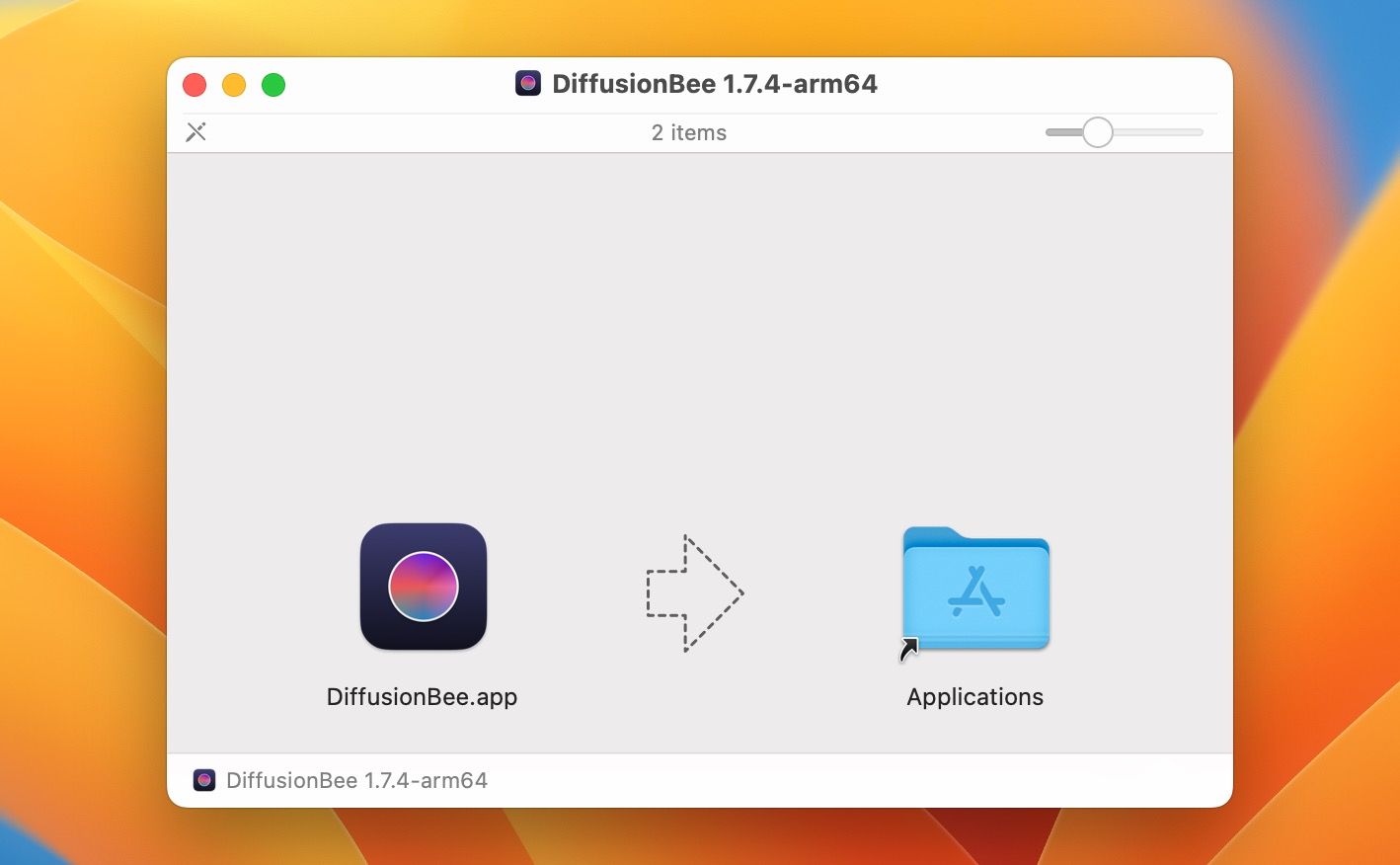 Перетащите иконку DiffusionBee в папку Applications после открытия DMG