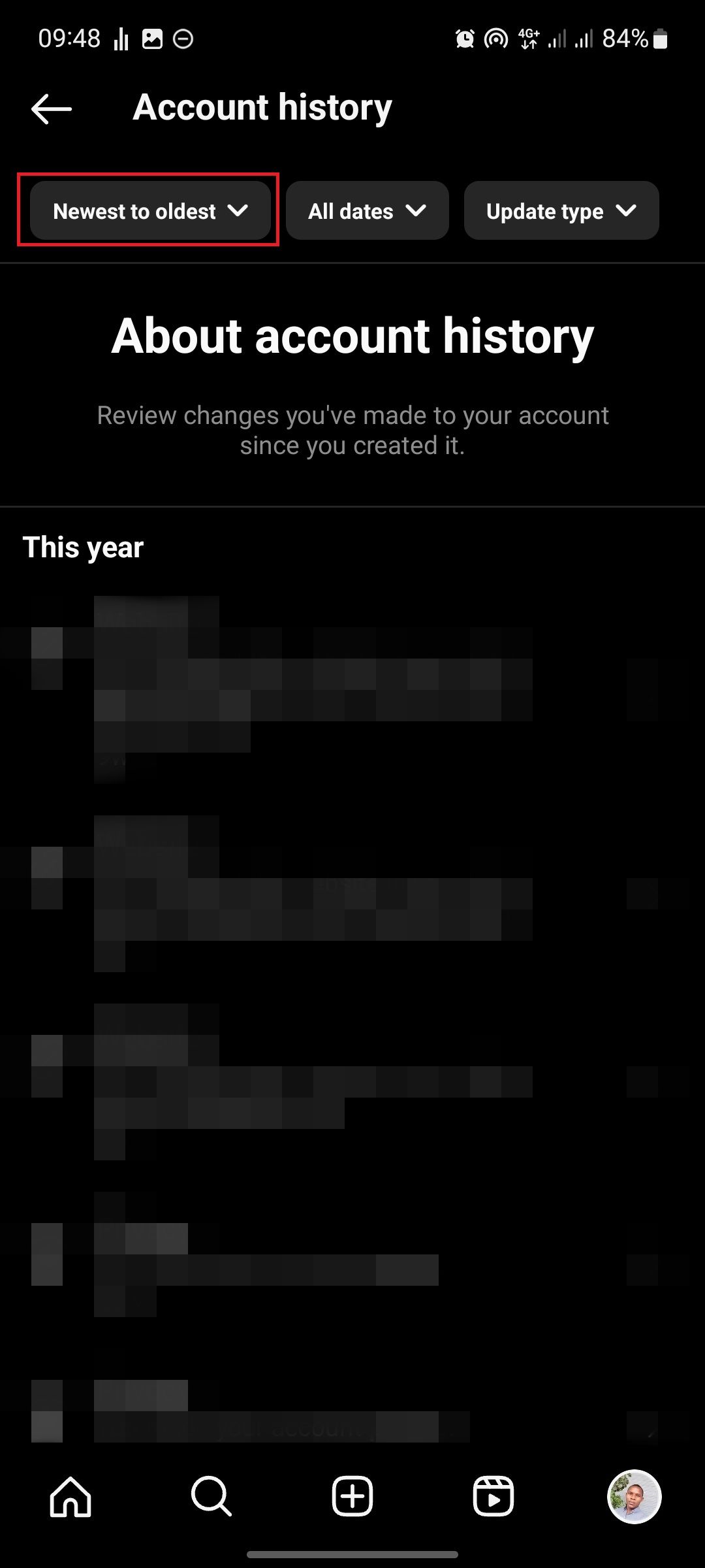 screenshot showing how to sort Instagram account history