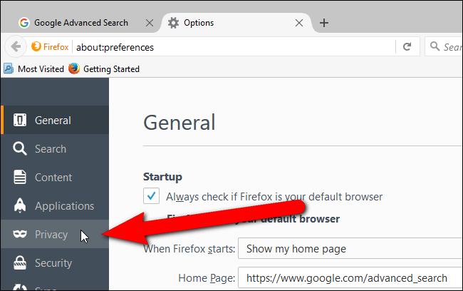Вкладка «Конфиденциальность» в Firefox