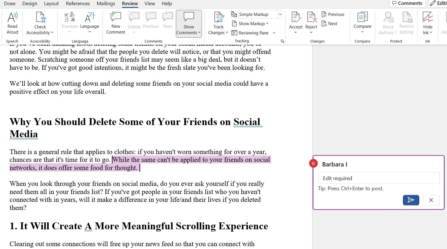 Окно комментария в Word