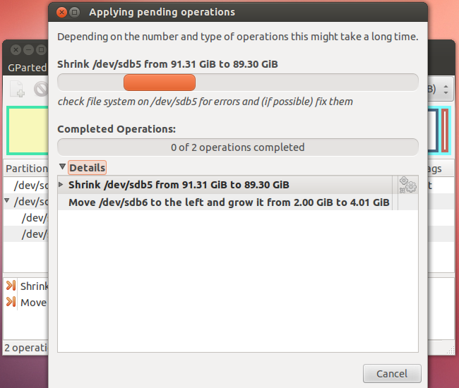 Процесс применения операций в GParted