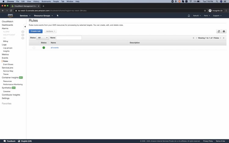 Кнопка Создать правило в CloudWatch