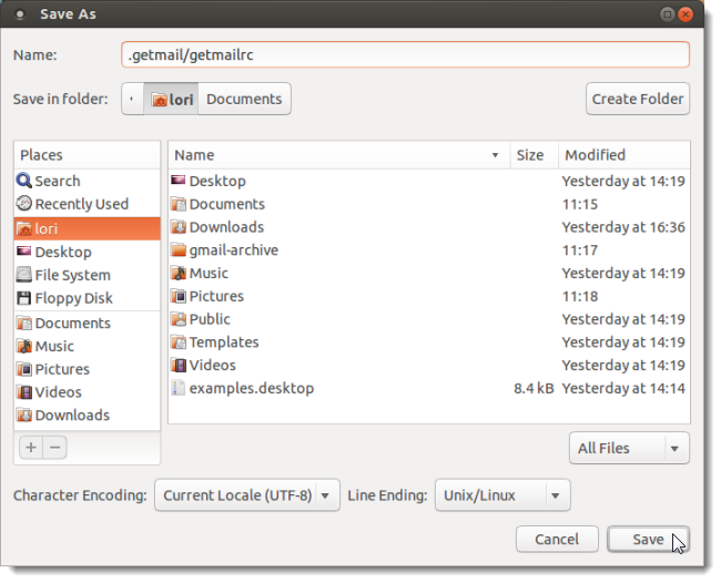 Окно сохранения файла в gedit