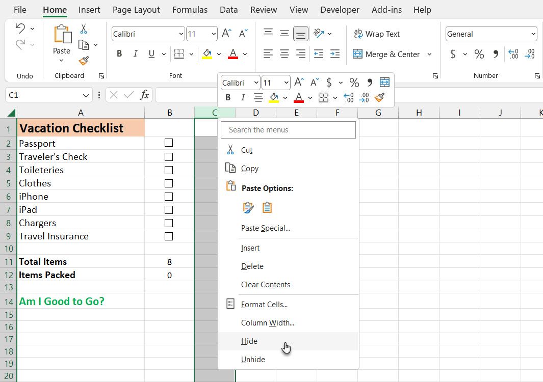 Скрытие столбца в Excel