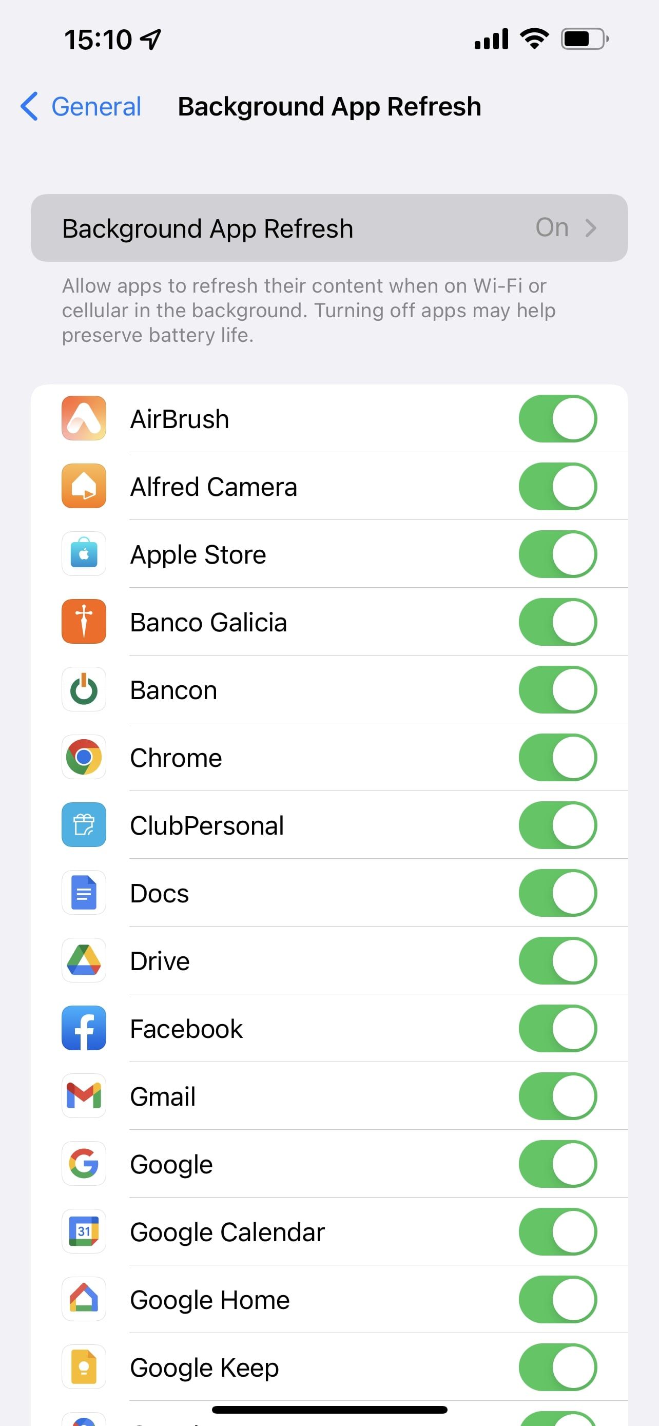 Переключатель фонового обновления приложений