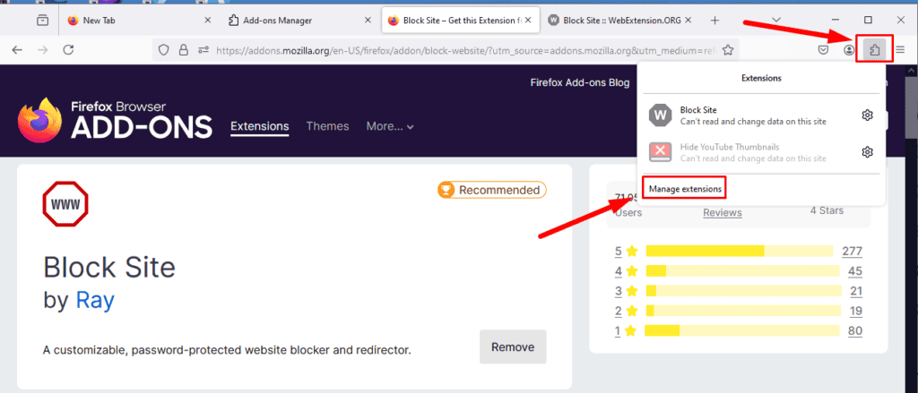 Иконка расширений и меню Управление надстройками