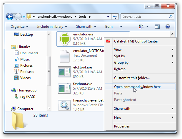 Открытие командной строки в папке SDK Tools