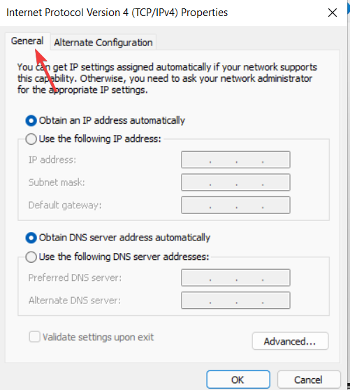 Вкладка «Общие» в свойствах TCP/IPv4