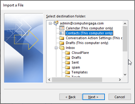 Выбор папки для импорта контактов в Outlook