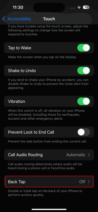 Опция «Back Tap» в настройках iPhone для назначения действий
