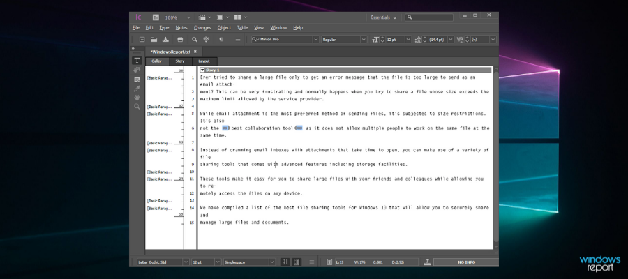 Интерфейс Adobe InCopy с панелью стилей и редактором текста