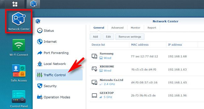 Интерфейс роутера Synology: Network Center и Traffic Control