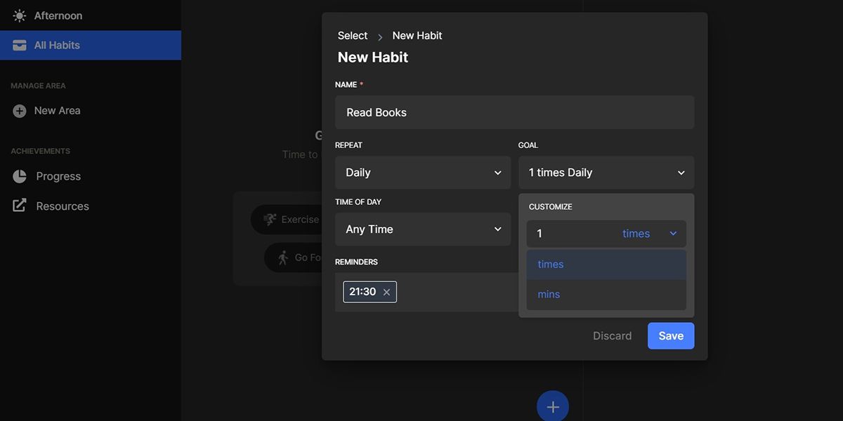 Изображение: изменение целей и метрик в Habitify