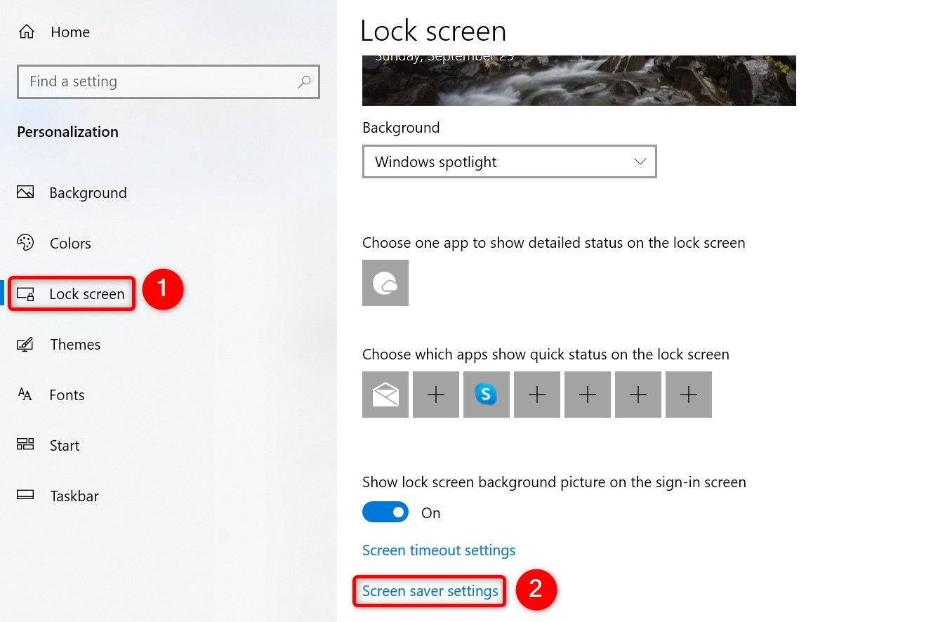Выделены 'Lock Screen' и 'Screen Saver Settings' в настройках Windows 10
