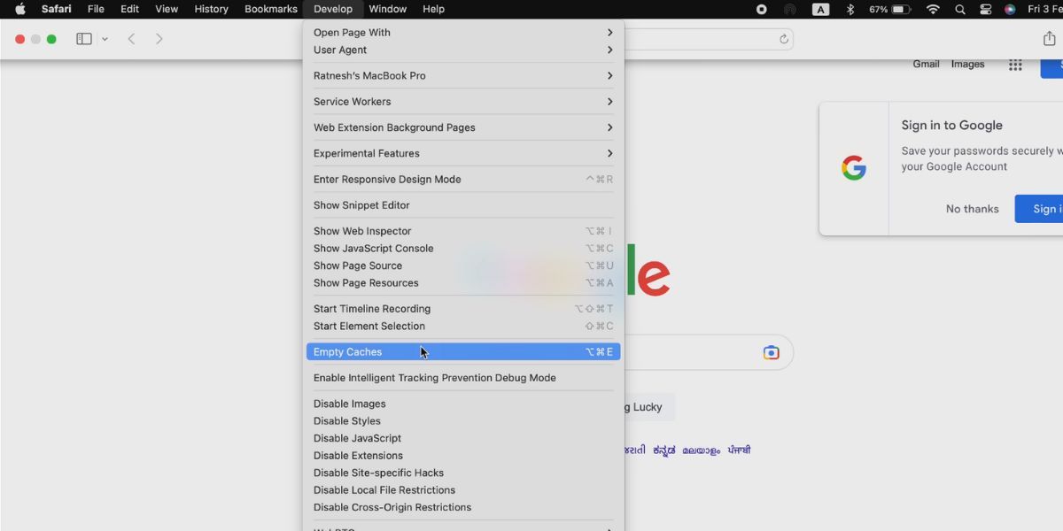 Пункт Empty Caches в Safari